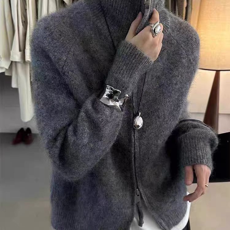 高领加厚宽松慵懒风100%纯羊毛开衫女双拉链插肩针织毛衣羊绒外套