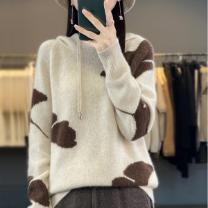 秋冬连帽撞色100%羊绒衫长袖卫衣女宽松带帽慵懒羊毛针织打底帽衫