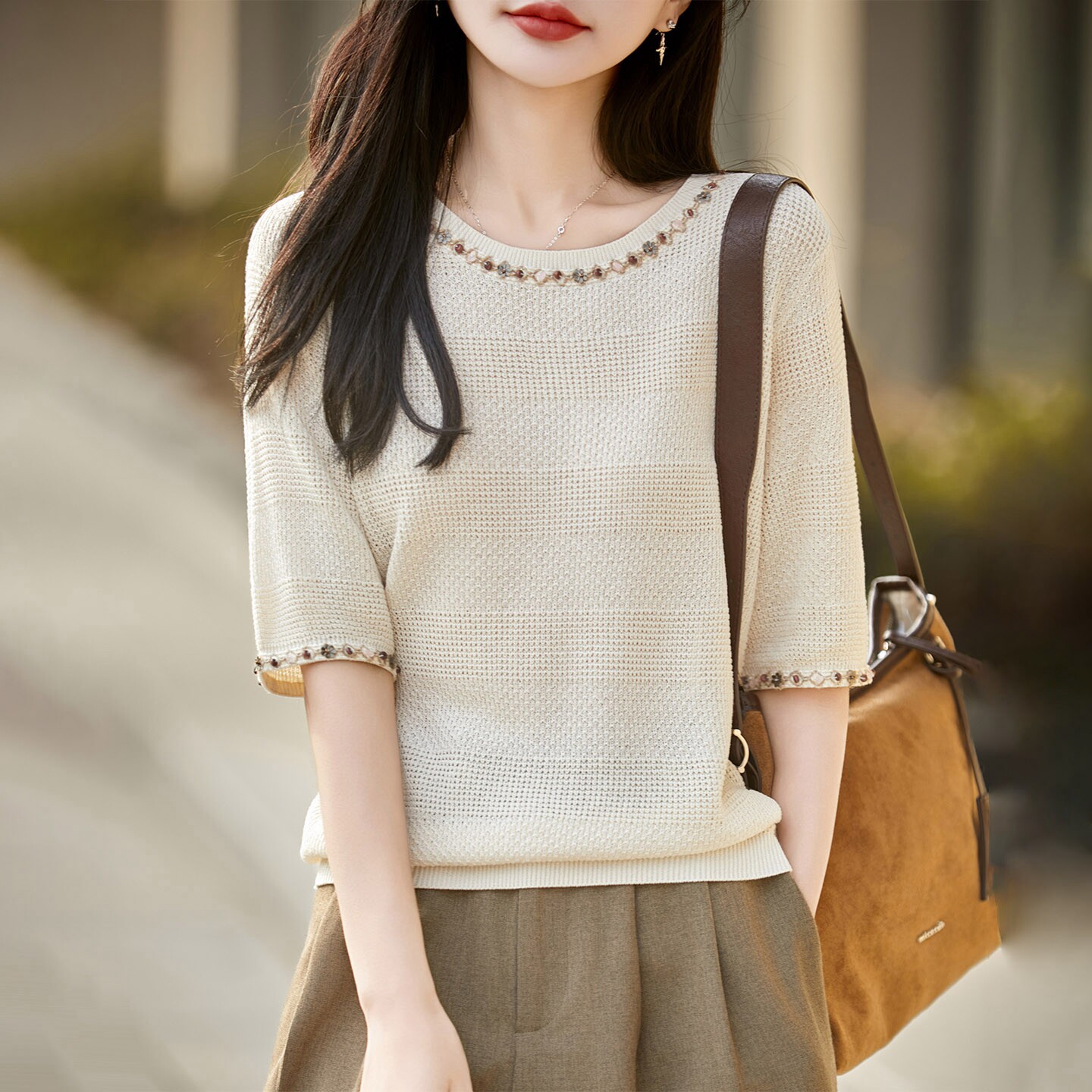 法式风钉珠天丝亚麻五分袖女圆领短袖T恤针织衫打底半袖提花毛衣