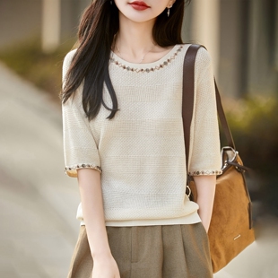 法式风钉珠天丝亚麻五分袖女圆领短袖T恤针织衫打底半袖提花毛衣