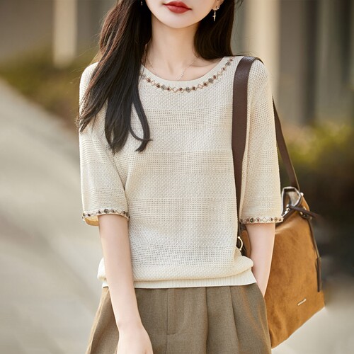 法式天丝亚麻钉珠提花针织衫毛衣