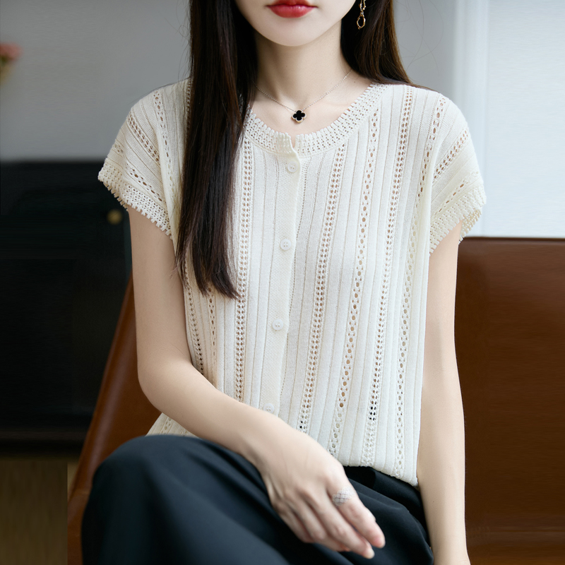 25夏季天丝亚麻针织短袖开衫女圆领薄款镂空钩花上衣宽松T恤背心