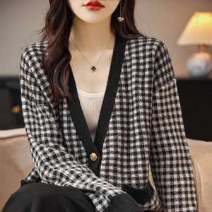 秋冬100%纯羊绒开衫女V领千鸟格拼色外套毛衣宽松羊毛衫外搭上衣