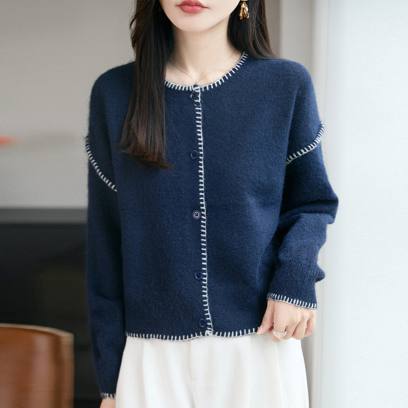 圆领拼色精纺羊毛开衫女外套毛衣