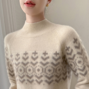 高级感baby小山羊绒衫女半高领提花加厚针织毛衣宽松打底羊毛上衣