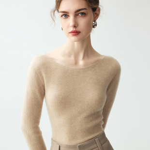 一字领baby山羊绒衫女一线成衣无缝针织毛衣修身显瘦提花羊毛打底