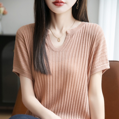 夏季莱赛尔天丝坑条针织短袖T恤