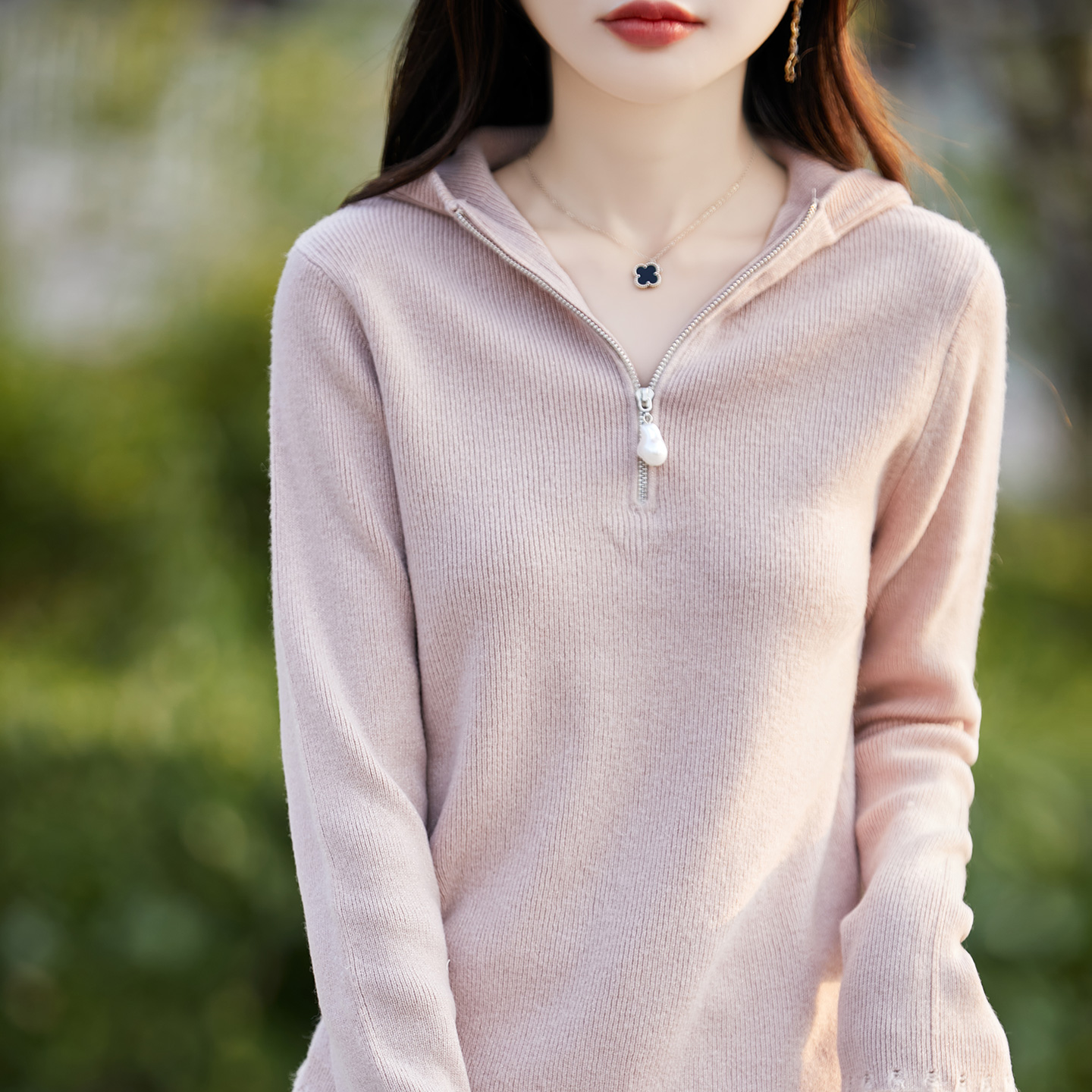 100%纯羊毛衫连帽上女半拉链毛衣