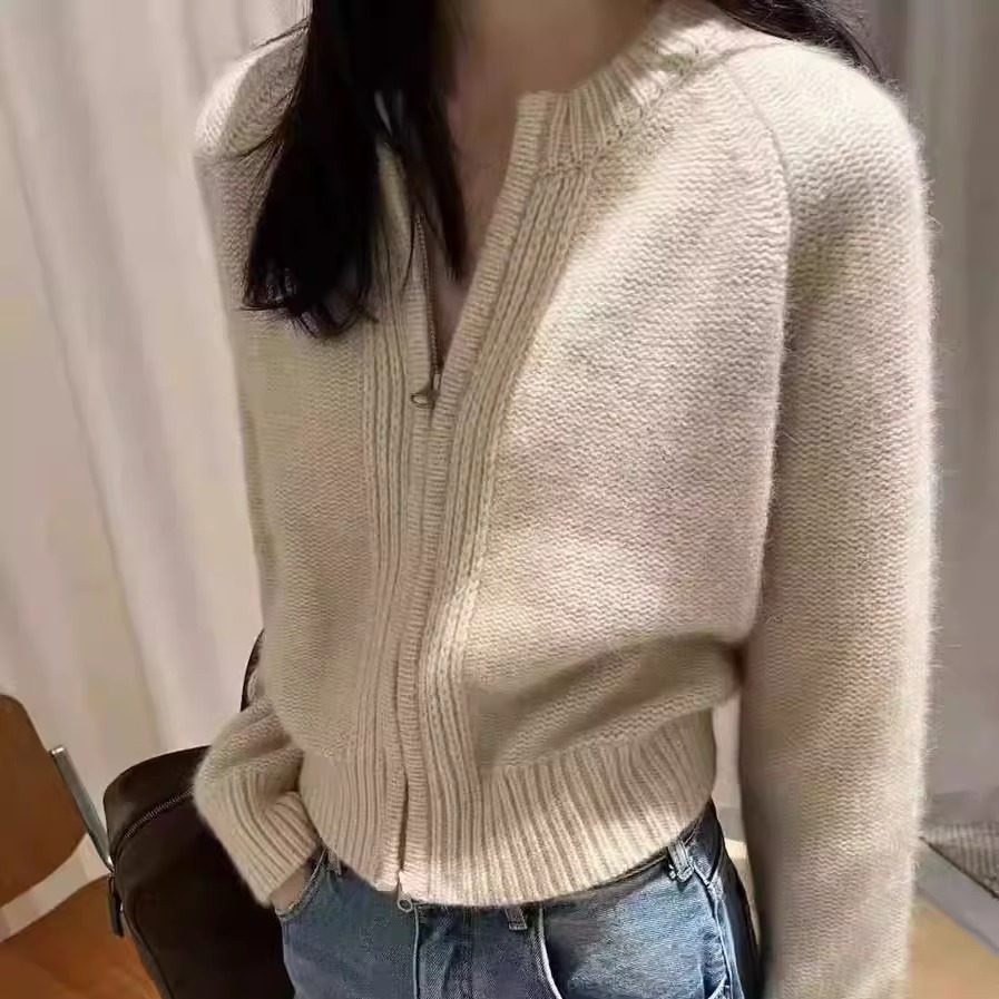 100%纯羊毛拉链开衫女圆领加厚针织毛衣宽松慵懒风短款羊绒衫外套