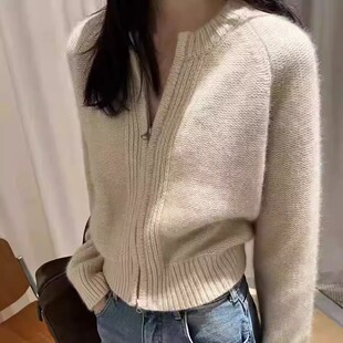100%纯羊毛拉链开衫女圆领加厚针织毛衣宽松慵懒风短款羊绒衫外套