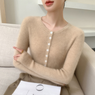 轻奢级山羊绒衫 上衣气质显瘦羊毛打底 针织毛衣女圆领坑条纽扣长袖