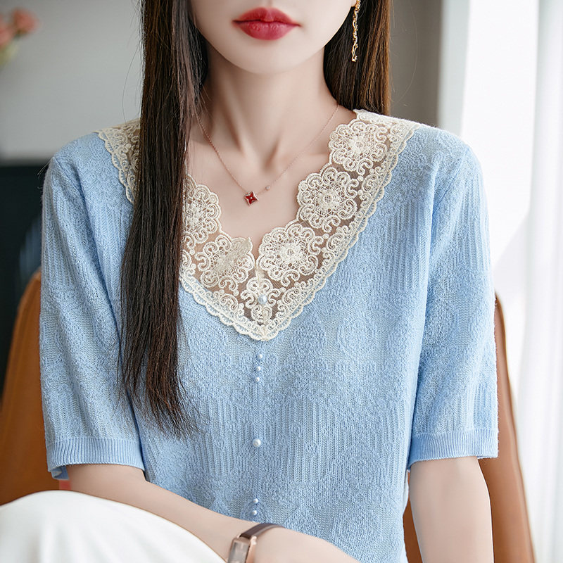 蕾丝钩花针织短袖T恤女V领上衣