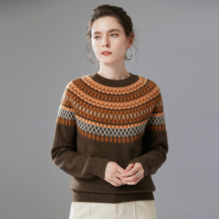 加厚山羊绒衫 针织毛衣女圆领费尔岛拼色提花上衣宽松打底羊毛衫