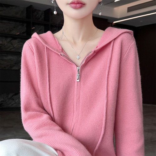100%纯羊毛连帽双拉链女开衫外套
