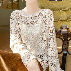 复古风100%纯羊绒女圆领刺绣镂空钩花长袖毛衣宽松微透羊毛衫打底