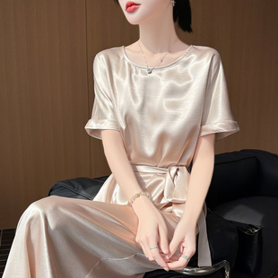 轻奢风缎面真丝鎏金短袖连衣裙女圆领腰带醋酸长裙气质过膝A字裙