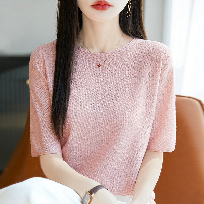 一线成衣天丝针织五分袖女圆领提花短袖T恤宽松打底半袖薄款上衣