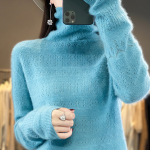 堆堆领一线成衣100%纯羊绒衫女高领镂空提花针织羊毛衫宽松打底衫