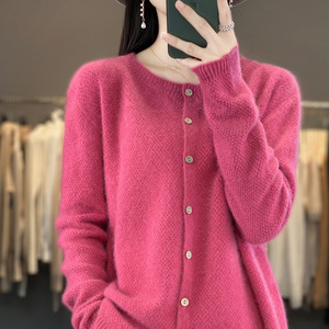 23新款圆领100%纯羊绒开衫女镂空钩花长袖羊毛衫外套宽松针织上衣