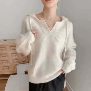 连帽100%纯羊毛衫女半开领扭花加厚针织毛衣宽松羊绒帽衫打底上衣