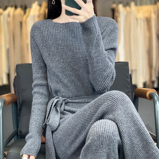 100%纯羊毛衫阔腿裤两件套女圆领坑条腰带针织毛衣宽松羊绒衫套装