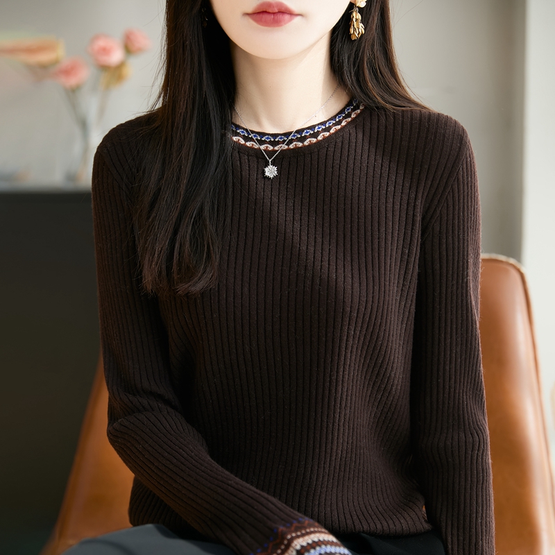 复古拼色精纺羊毛衫圆领坑条毛衣