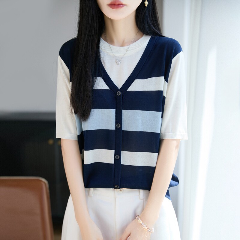天丝针织V领拼色假两件T恤女背心