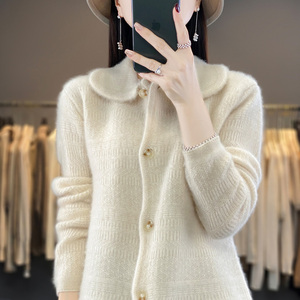 秋冬翻领100%纯羊绒开衫女POLO领扭花宽松羊毛针织外套毛衣打底衫