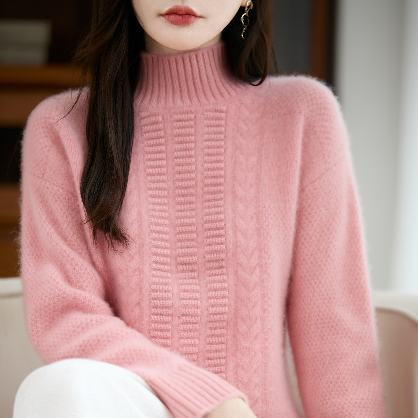 半高领提花100%纯羊毛衫女加厚长袖针织毛衣宽松慵懒风羊绒衫打底,女装/女士精品,羊绒衫,淘宝优惠券,粉丝福利购,淘宝优惠卷