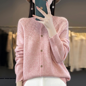 100%纯羊绒开衫女24秋冬新款圆领镂空钩花外套宽松羊毛衫长袖毛衣