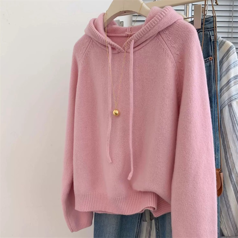 秋冬100%纯羊毛衫女纯色针织帽衫
