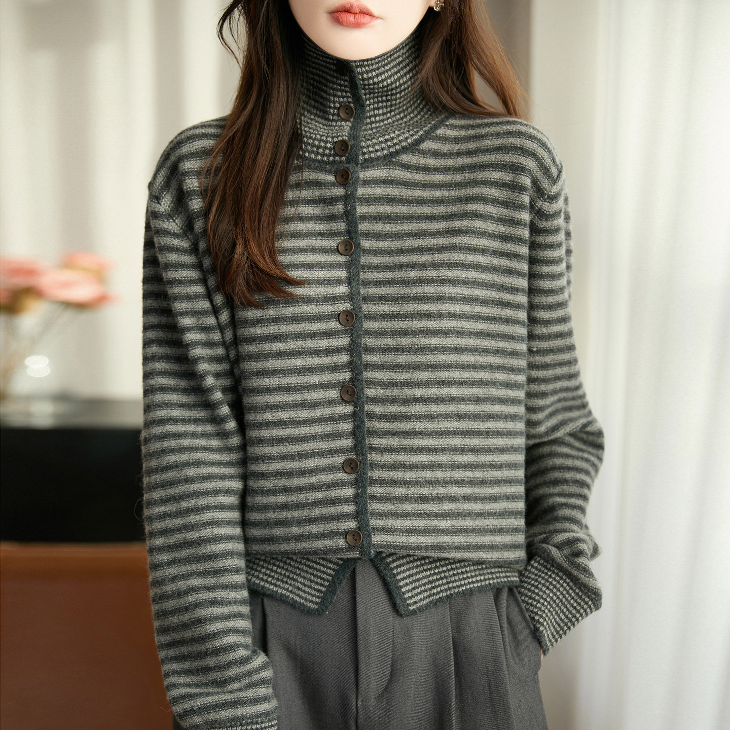 高领加厚精纺羊毛开衫女秋冬季条纹拼色针织长袖毛衣宽松时尚外套