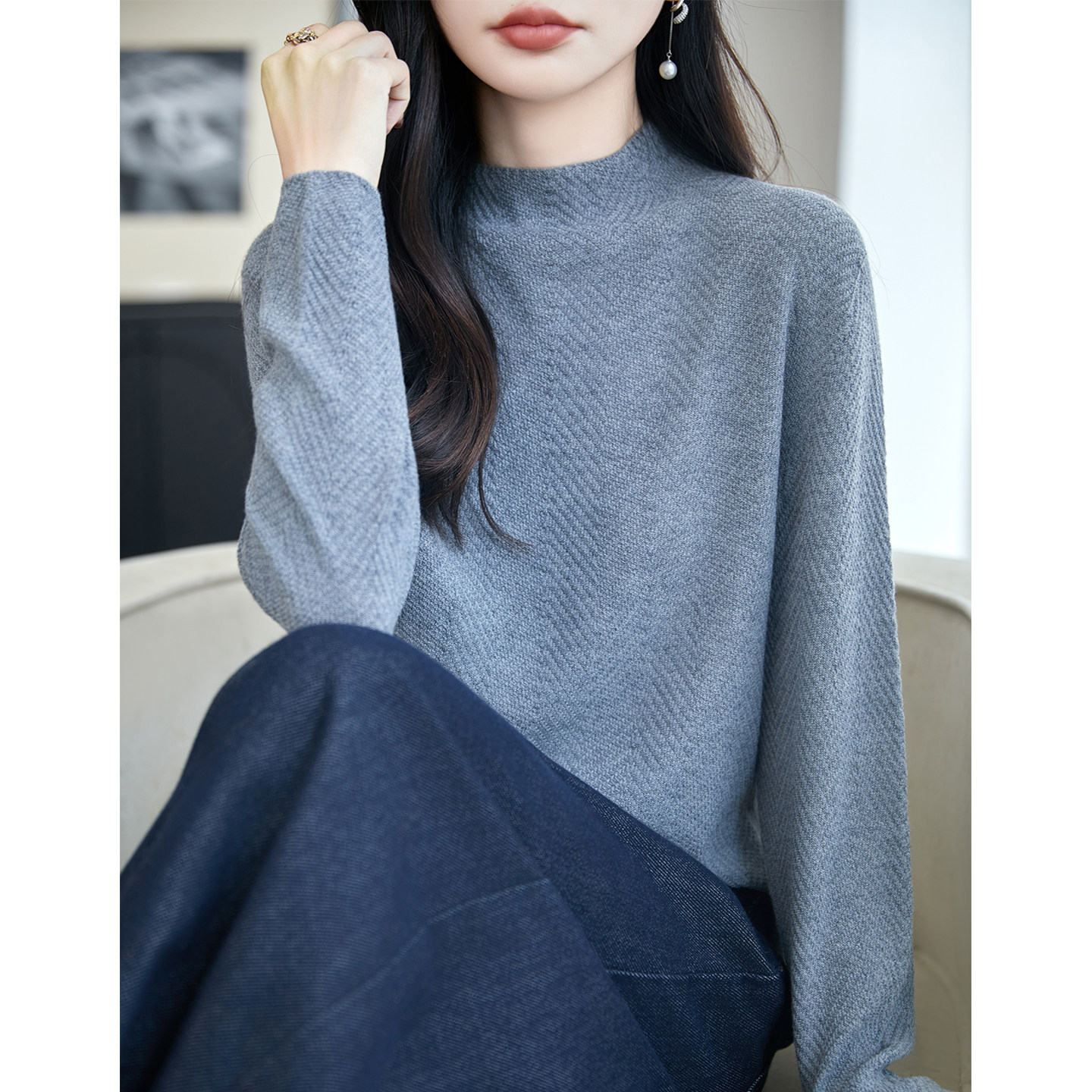 半高领精纺羊毛衫提花打底衫毛衣