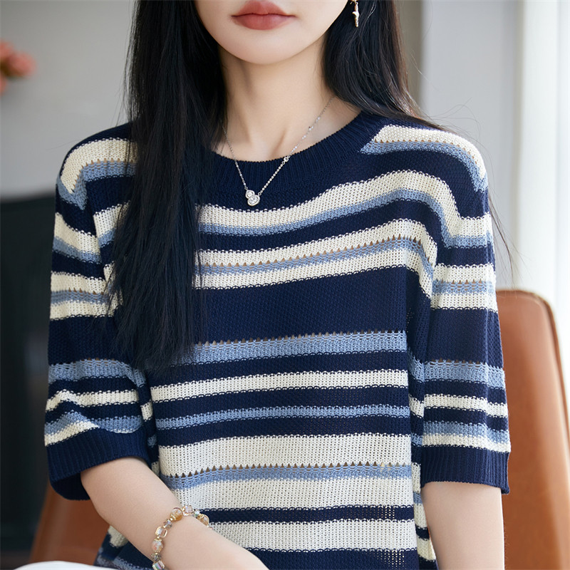 丝光棉复古条纹短袖显瘦女T恤衫