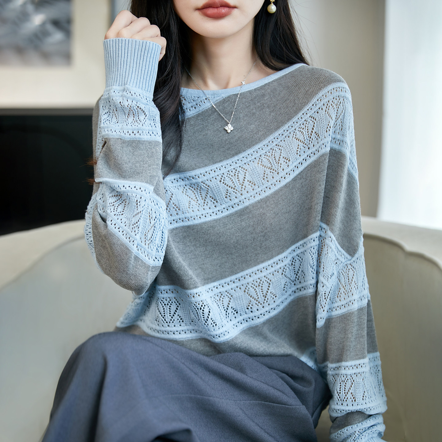 法式撞色精纺羊毛镂空毛衣女打底
