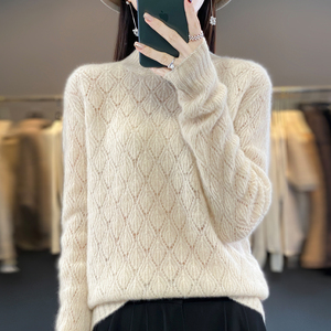 秋冬半高领100%羊绒衫女镂空钩花针织长袖毛衣宽松羊毛衫打底上衣