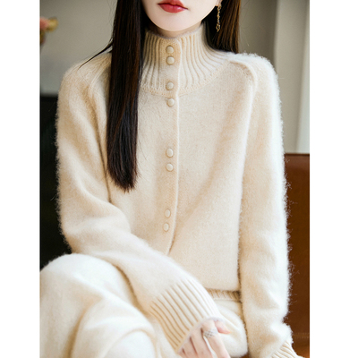 100%纯羊毛开衫女半高领针织外套