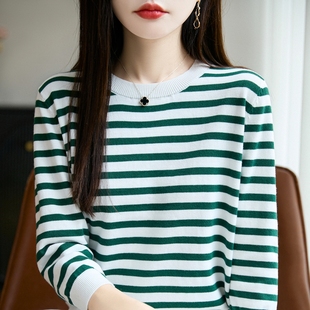 100%纯棉针织七分袖T恤女圆领条纹拼色中袖宽松棉麻短袖打底上衣