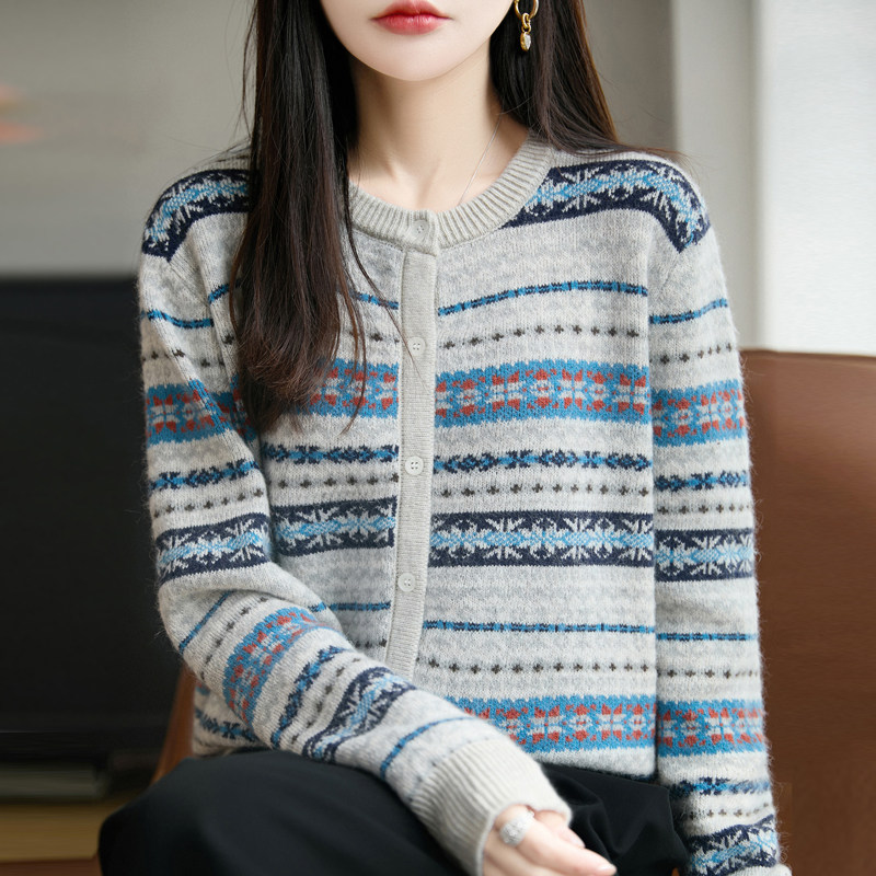 25秋冬精纺羊毛开衫女圆领复古拼色针织毛衣宽松长袖加厚外套上衣