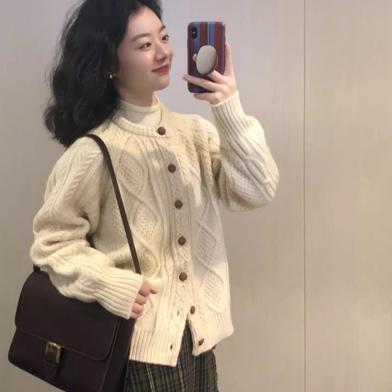 100%纯羊毛开衫卷边圆领绞花外套