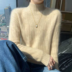 100%纯山羊绒衫女半高领麻花针织加厚毛衣宽松套头羊毛衫打底上衣