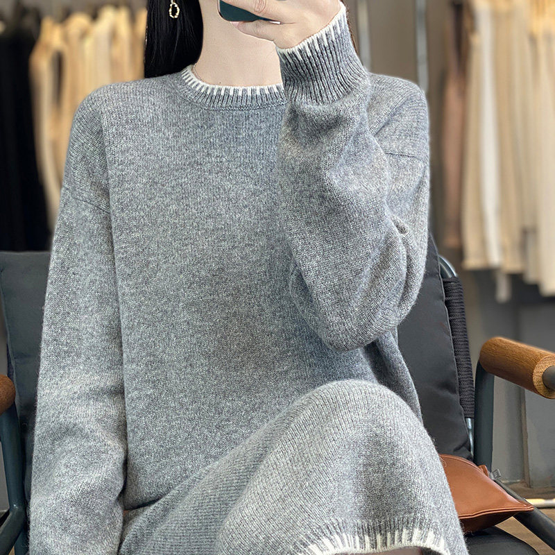 100%纯羊毛衫针织半身裙两件套女圆领拼色长袖毛衣宽松休闲套装裙