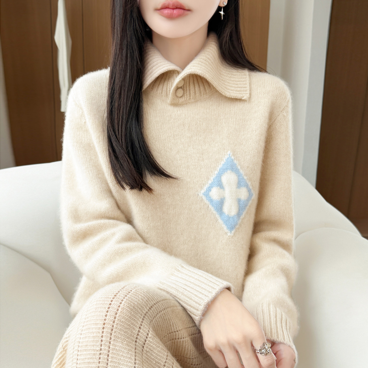 翻领加厚100%纯羊毛衫女拼色毛衣