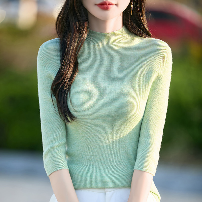 半高领精纺羊毛衫针织七分袖女坑条纯色短袖T恤修身显瘦打底上衣