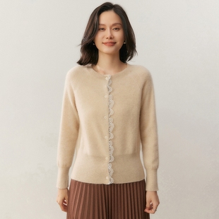 2025新款 女宽松针织毛衣外套羊毛上衣 圆领蕾丝花边拼接山羊绒开衫