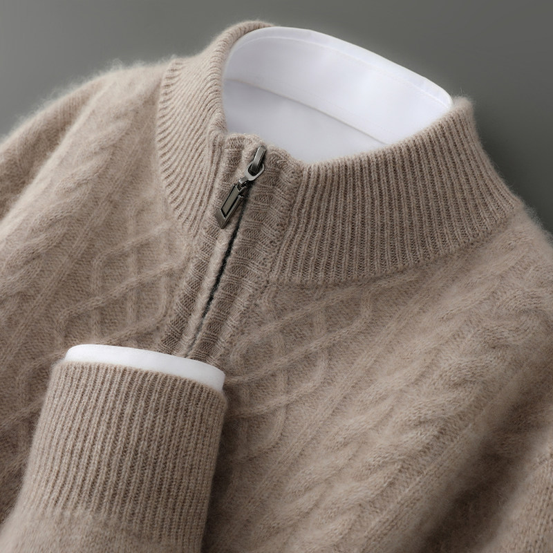 加厚100%纯羊毛衫针织毛衣男士半高领拉链提花上衣宽松打底羊绒衫