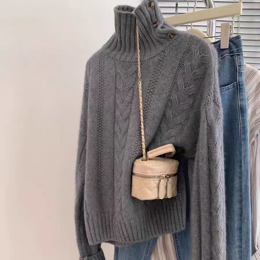 高领宽松慵懒风100%纯羊毛衫女加厚麻花针织毛衣长袖纽扣羊绒打底