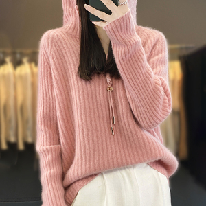 半开领拉链100%纯羊绒帽衫女秋冬坑条长袖连帽羊毛衫针织打底毛衣
