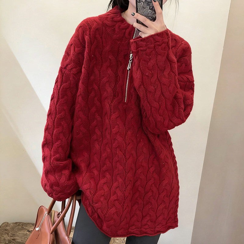女中长圆领纯羊毛衫加厚拉链毛衣