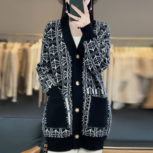 中长款V领拼色100%纯羊绒开衫女加厚带兜羊毛衫宽松慵懒外套大衣